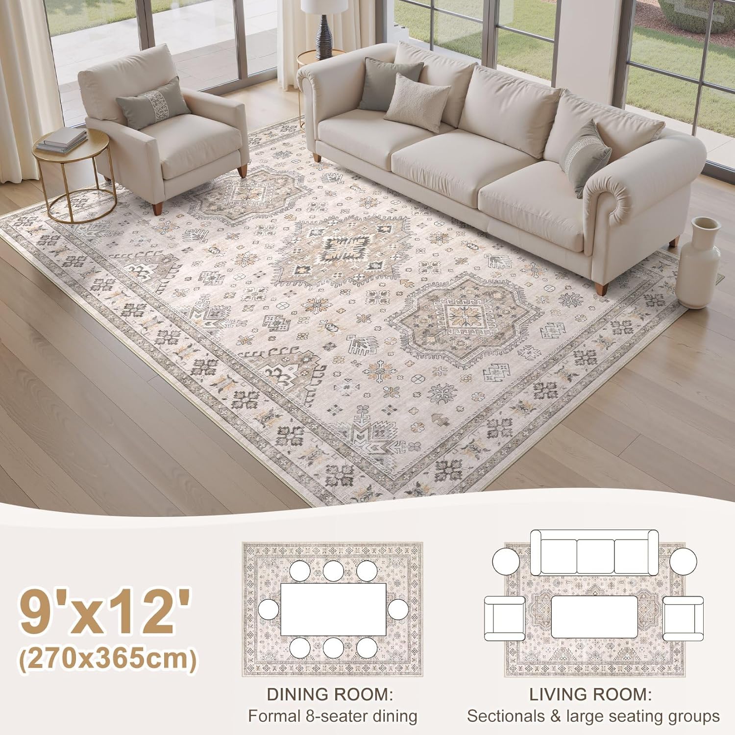 Washable Area Rugs for Living Room -9x12 Neutral Vintage Distressed Floral Farmhouse Boho Large Soft Floor Rug Indoor Non Slip Carpet for Living Room Bedroom Dining Room Office -Beige Brown